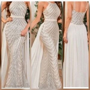 Silver, O Neck, Sleeveless, Detachable Skirt, Sequined Mermaid Gown